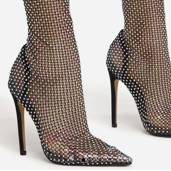 DIAMANTE DETAIL POINTED TOE STILETTO HEEL ANKLE HIGH SOCK BOOT IN BLACK FISHNET - Picture 4 of 9